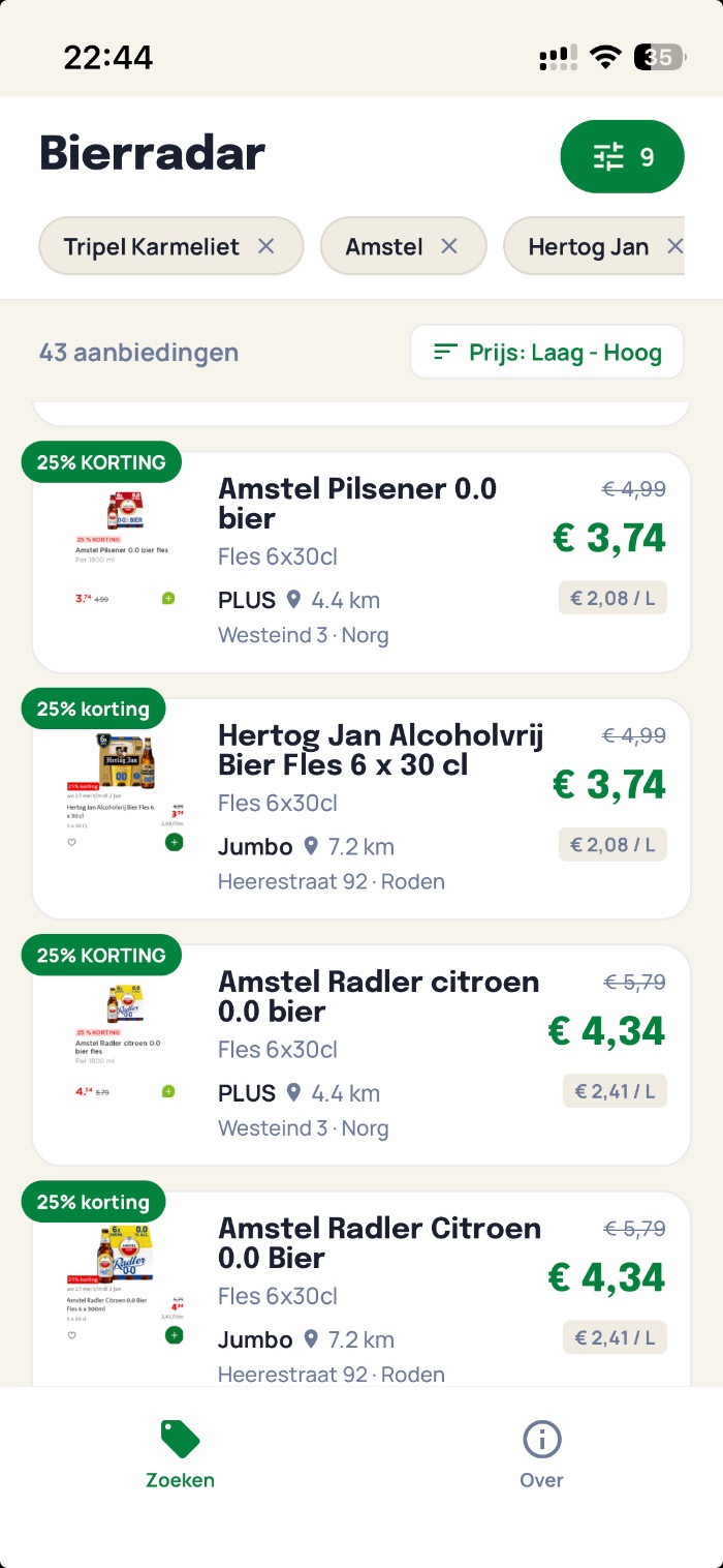 Bier-radar app met bieraanbiedingen dichtbij, gesorteerd op prijs