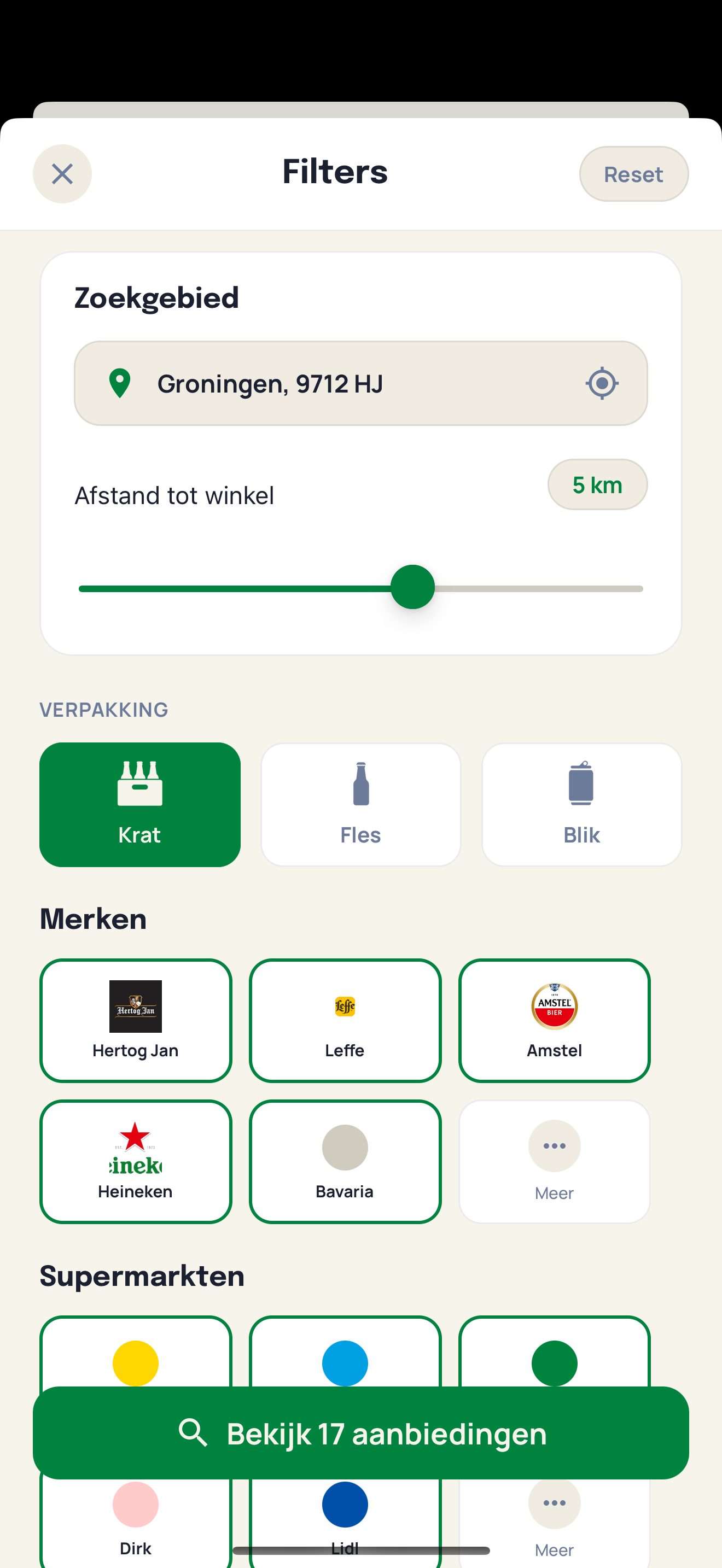 Filters in de Bier-radar app: verpakking, merken en supermarkten